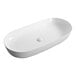 A white Ruvati oval above-counter vessel sink.
