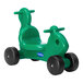 A CarePlay green plastic ride-on toy with black wheels.