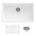 A white Ruvati Fiamma sink with a drain and grid.
