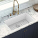 A white Ruvati Fiamma sink with a gold faucet above it.