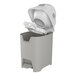 A gray Foundations hands-free diaper pail with an open lid.