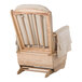 A natural wood glider rocker with tan cushions.