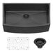 A close-up of a Ruvati Terraza black stainless steel farmhouse sink with a metal drain and strainer.