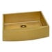 A Ruvati Terraza stainless steel farmhouse sink with a brass gold tone and a square bowl.