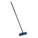 A Lavex blue indoor/outdoor push broom with gray flagged bristles and a black metal handle.