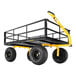 A black and yellow heavy-duty steel utility cart with black wheels.