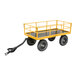 A yellow heavy-duty steel utility cart with four large wheels and a pull handle.