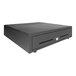 A black Custom America stainless steel cash drawer on a counter.