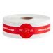 A roll of white paper with red TamperSafe labels with bands containing white and red circles.