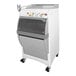 A white and grey JAC New Self electric bread slicer with a clear lid.