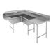 A stainless steel Advance Tabco corner dishtable with 3 sinks and a right drainboard.