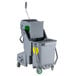 A grey Unger mop bucket with a green wringer and wheels.