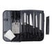 A black Mercer Culinary Millennia knife bag with knives and other tools inside.