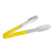 A pair of Fourt&#233; stainless steel tongs with yellow coated handles.