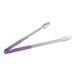 A Fourté stainless steel tongs with a purple coated handle and scalloped edges.