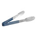 Fourté stainless steel tongs with scalloped edges and blue coated handles.