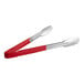 Fourté stainless steel tongs with red and silver scalloped handles.