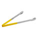 A close-up of Fourté stainless steel tongs with yellow coated handles.