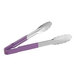 Fourt&#233; stainless steel scalloped tongs with a purple handle.