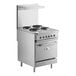 A stainless steel Cooking Performance Group 4-burner electric range with a space saver oven.