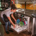 A woman in a black apron putting plates in a Hobart undercounter dishwasher.