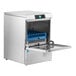 A stainless steel high temperature undercounter dishwasher with an open front door and a blue dish rack inside.