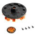 A black and orange plastic Fetco Large Cascading Spray Head Retrofit Kit with screws and a button.