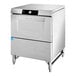 A large stainless steel Hobart LXGNR-2 high temperature undercounter glass washer.