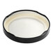 A black metal lid with a white plastisol liner on a white background.