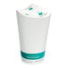 A white SOFi paper cup with a green lid.