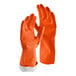 A pair of large orange latex rubber gloves with flock lining.