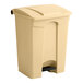 A tan plastic Lavex step-on trash can with a black lid.