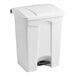 A white plastic Lavex step-on trash can with a black lid.