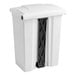 A white rectangular step-on trash can with black handles.