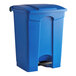 A blue Lavex step-on trash can with a lid.