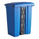 A blue trash can with a black handle.