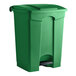 A close up of a Lavex green rectangular step-on trash can with a black lid.