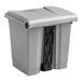 A gray rectangular step-on trash can with a black lid.