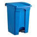 A blue Lavex step-on trash can with a lid.