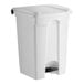 A white rectangular step-on trash can with a black lid and handle.