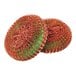 A close-up of a pair of red and green sponges with copper scrubber centers.
