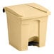 A tan plastic Lavex step-on trash can with a handle.