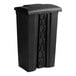 A Lavex black rectangular step-on trash can with a lid.