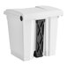 A white plastic rectangular step-on trash can with a black handle.