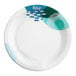 A white Choice paper plate with blue and green swirls.