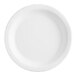 A close up of a white Choice paper plate with a scalloped edge.