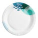 A white Choice paper plate with a blue and green swirl design.