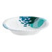 A white Choice paper bowl with blue and green design.