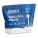 A blue bag of Judee's Whole Milk Powder with white text and a spoon inside.