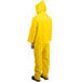 A person wearing a yellow Cordova StormFront rainsuit.